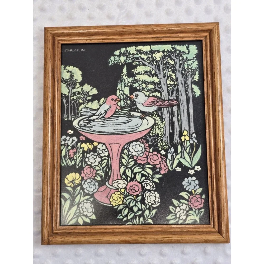 90's Fuzzy Velvet Art 8x10 Wooden Picture Frame Easel Back Birds Garden Birdbath